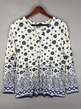 NorthStyle Top Women's Large Ivory Blue Floral Boho Pullover Blouse Split V-Neck